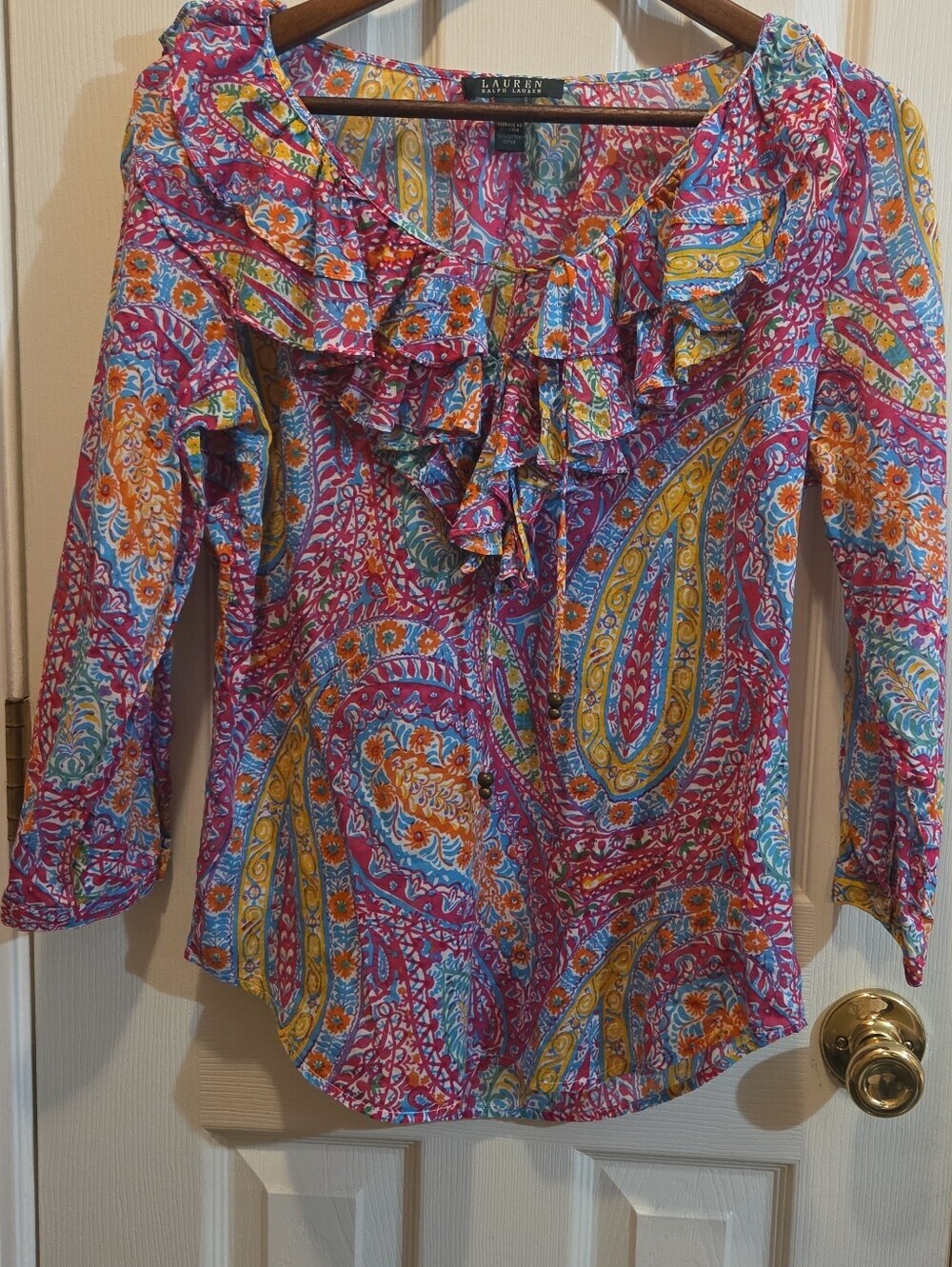 Lauren Ralph Lauren Women Paisley Floral Ruffled Collar 100% Cotton Blouse M